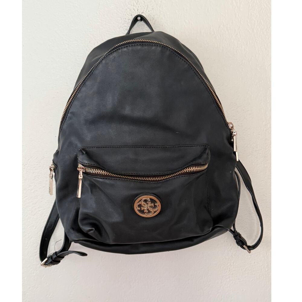 Guess Leather Black Backpack Gold Zipper Details